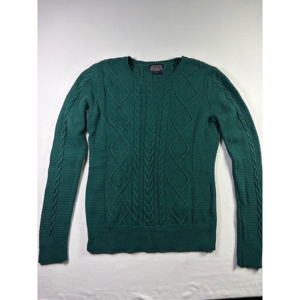 Pendleton Cable Knit Sweater Cotton Cashmere Layering Fall Emerald Green Women M